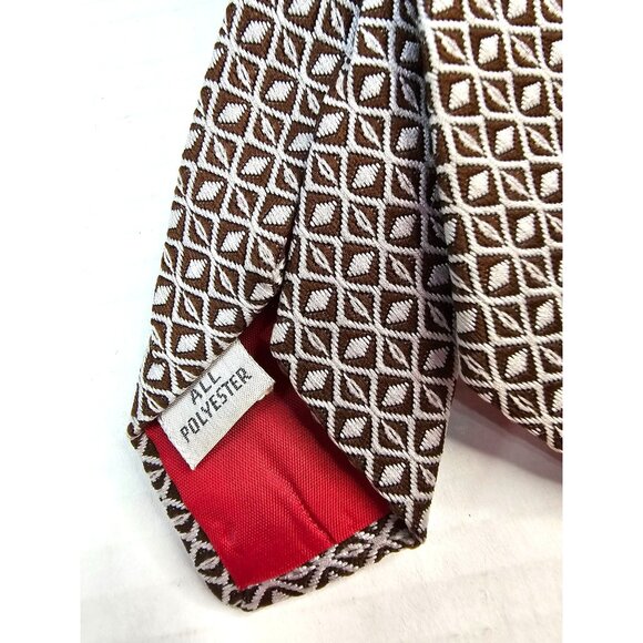 Vintage Lovemans Brown & White Geometric Pattern Necktie Polyester Red Lining - Picture 3 of 7